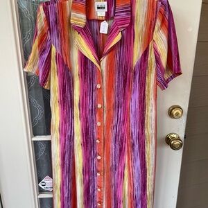 ✨ VTG Leslie Fay Striped Shirt Dress Size 16 🇺🇸 Made in USA Bold 90s Midi Dress